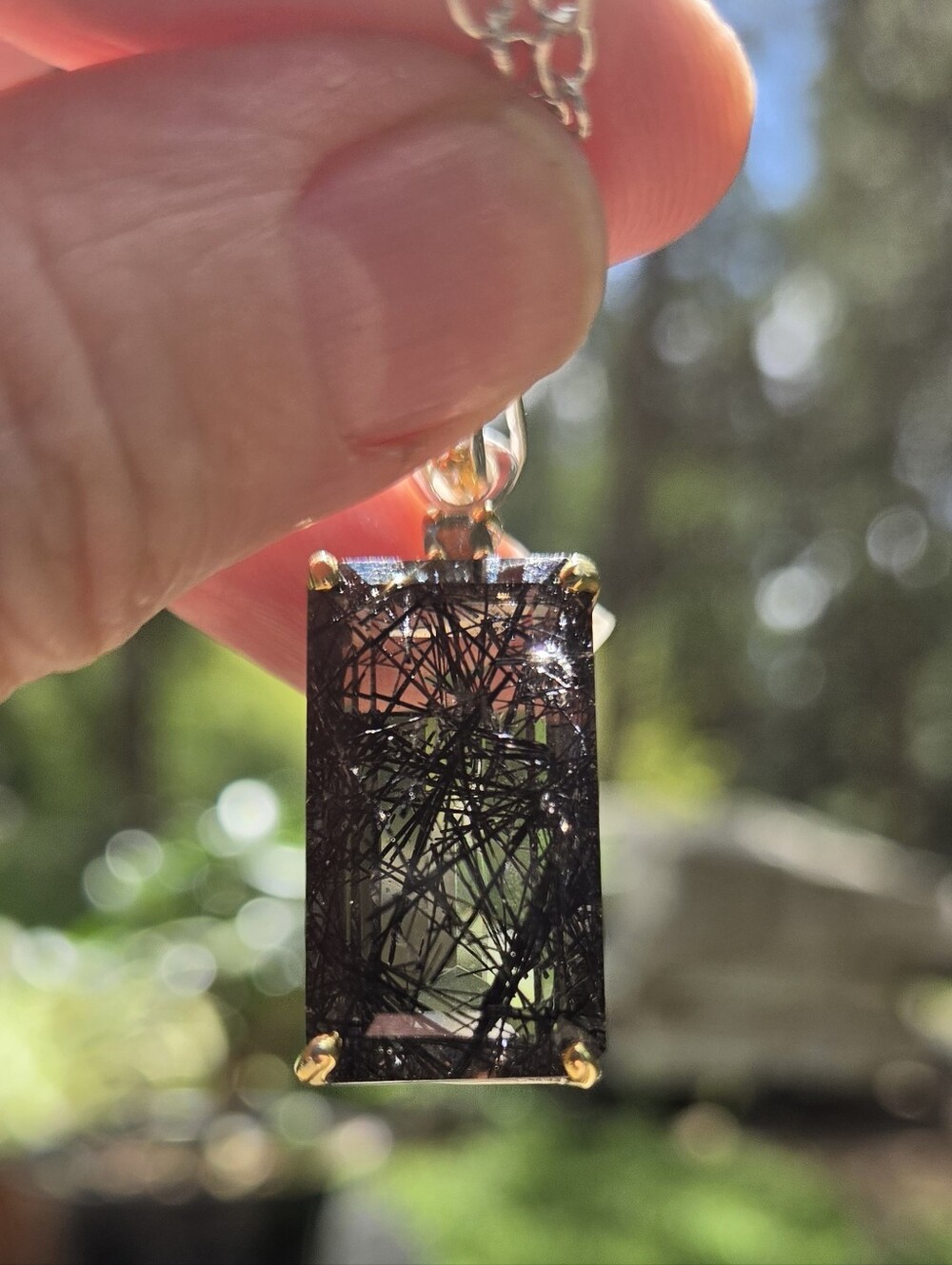 Rutilated Quartz Emerald Cut Natural 28k Topaz&tourmaline Pendant Necklace 18" - Picture 4 of 13